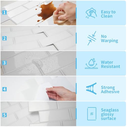 Art3d Subway Design Wall Tile, Peel and Stick Backsplash, 10-Pack, White - color: White