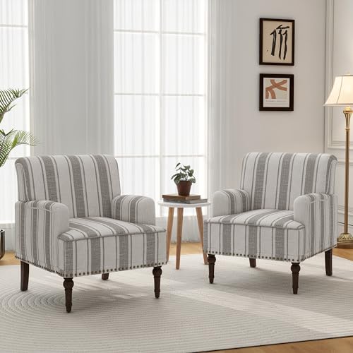 Mid-Century Modern Accent Chair, Grey Stripe, Set of 2 - color: Fabric Grey Stripe