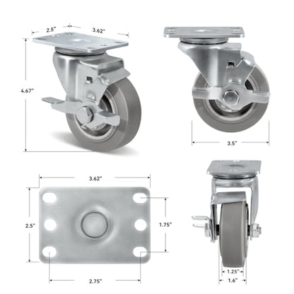 Casters Set of 4 Heavy Duty, 3.5" Plate Swivel Caster with Rubber Wheels for Furniture Platform Truck Dolly Cart (2 Brakes & 2 Rigid)