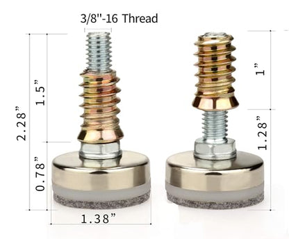 Leveling Feet 8PK with 3/8"-16 Thread Inserts and Felt Pads - size: D35mm Silver