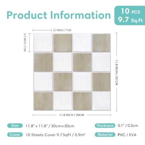 Commomy Matte 3D Peel and Stick Tile,10 Pcs 11.8"x11.8" Beige & White - color: Beige and White