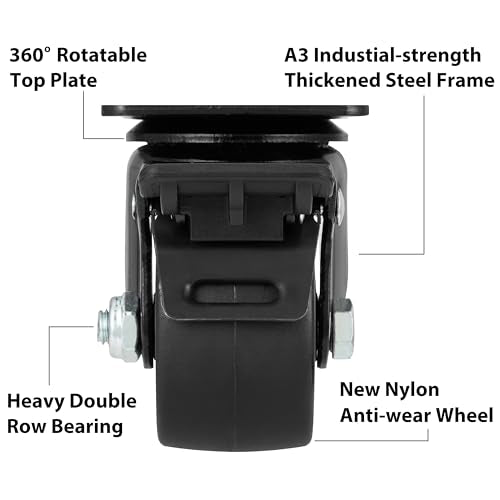 Finnhomy 2.5 Inch Caster Wheels Set of 4 Heavy Duty Low Profile Plate Swivel Casters with Brake Premium Nylon Wheels 3,300 Lbs Anti-wear Lockable Furniture Casters Sturdy for Toolbox Workbench Black - size: 2.5" (with Brake)