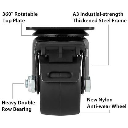 Finnhomy 2.5 Inch Caster Wheels Set of 4 Heavy Duty Low Profile Plate Swivel Casters with Brake Premium Nylon Wheels 3,300 Lbs Anti-wear Lockable Furniture Casters Sturdy for Toolbox Workbench Black - size: 2.5" (with Brake)