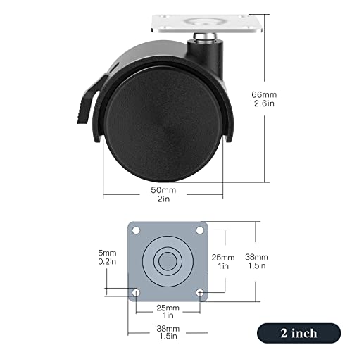 2 inch Casters Set of 4, Plastic Caster Wheels for Furniture, Plate Swivel Castor Wheels with Brakes, for Carts, Furniture, Baby Bed, Kitchen, Cabinet, Table (with Stainless Steel Screws) - style: 2 inch with brake