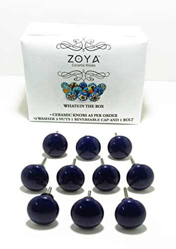 Zoya Ceramic Knobs 10 Bright Color Knobs Rare Hand Painted Ceramic Knobs Cabinet Drawer Pulls (Navy Blue)