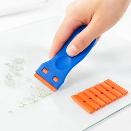 Plastic Razor Blade Scraper Tool,with 10pcs Double Edged Plastic Scraper toolnon Scratch, for Removing Labels Stickers Decals on Glass Windows - color: Plastic scraper