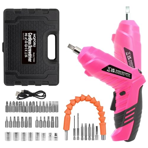 Pink Cordless Electric Screwdriver Set, 3.7V Rechargeable Small Electric Drill with 47pcs Driver Bit Set, Power 3Nm Screw Gun with 2 Position Handle, Flexible Shaft LED Light for Women - color: Pink