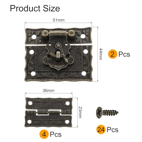 uxcell 2pcs Retro Bronze Alloy Latch Locks and 4pcs Engraved Hinges, 51 x 44mm Latch Buckle and Pattern Hinge with 24pcs Screws for Decorative Cabinet Small Wooden Box - size: 51 x 44mm