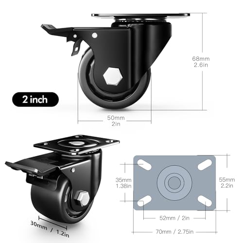 2 Inch Caster Wheels, Casters Set of 4, Heavy Duty Casters Load 2200lbs, Locking Swivel Plate Industrial Casters, Low Gravity Center Castor for Furniture and Workbench - style: 2 Inch