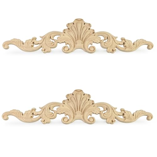 2Pcs Decorative Wood Carved Appliques Onlays, 16 x 4 inch Unpainted Solid Wood Long Carving Decal for Furniture Cabinet Bed Wardrobe Closet DIY Decoration (16x4inch,2PCS) - size: 16x4inch,2PCS