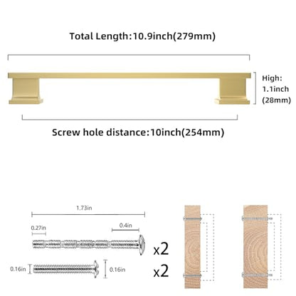 COTYKILEY 10 Pack 10 Inch(256mm) Brushed Gold Cabinet Handles Gold Kitchen Cabinet Pulls Cabinet Door Handles Kitchen Cabinet Hardware - color: Brushed Gold, size: 10" Hole Center（256MM）