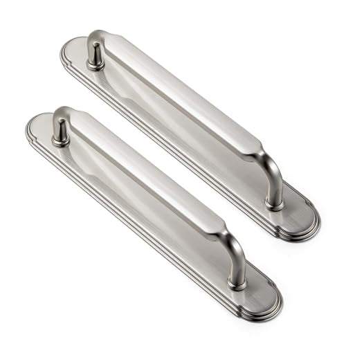 Goo-Ki 2 Pack Brushed Satin Nickel Bar Cabinet Pulls with Backplate, 5 Inch Hole Center Kitchen Drawer Handles with Spacer Zinc Alloy Solid Hardwar - color: Brushed Satin Nickel, size: 5" Hole Center