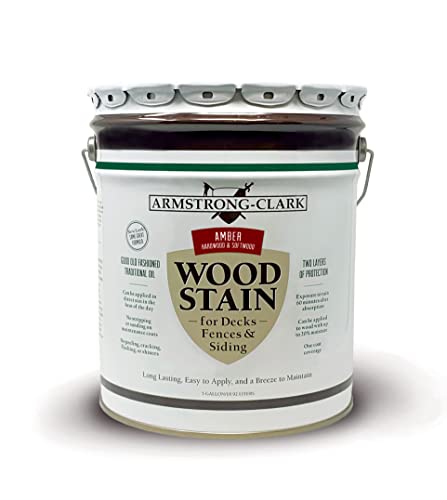 Armstrong-Clark Oil-Based Wood Stain for Decks, Fences, Siding, Logs & Outdoor Wood Surfaces | Penetrating Exterior Finish | Easy Maintenance (5 Gallons, Amber for Hardwoods & Softwoods) - color: Amber, size: 5 Gallon