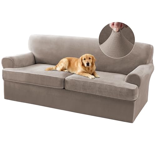 Turquoize T Cushion Sofa Slipcover 3 Piece Sofa Covers for 2 Large Cushion Couch Thick Velvet Couch Cover Stretch Furniture Covers with 2 Individual T Cushion Covers, Washable (2 Cushion Sofa, Taupe) - color: Taupe, size: Sofa (2 Cushion)