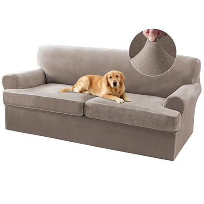 Turquoize T Cushion Sofa Slipcover 3 Piece Sofa Covers for 2 Large Cushion Couch Thick Velvet Couch Cover Stretch Furniture Covers with 2 Individual T Cushion Covers, Washable (2 Cushion Sofa, Taupe) - color: Taupe, size: Sofa (2 Cushion)