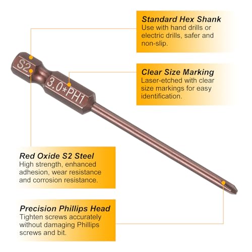 HARFINGTON 5pcs #1 Phillips Screwdriver Bit PH1 1/4" Hex Shank 3" (75mm) Long 0.12" Rod Magnetic Cross Head Drive Drill Bits S2 Steel Industrial Screw Driver Electric Power Tool, Brown - size: PH1 x 3" x 0.12"