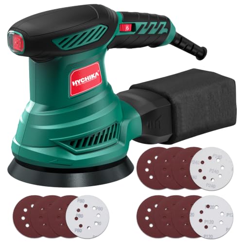 HYCHIKA 5‑Inch Random Orbital Sander, 6000‑13000 OPM, Electric Palm Sander, 6 Variable Speeds, 300W Motor with Upgraded Vacuum Dust Collector, 10 Pcs Sandpapers for Furniture Refinishing & DIY