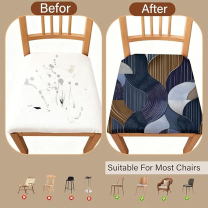 Chair Seat Covers - Waterproof Stretch Printed Dining Room Chair Cover with Elastic Ties Removable Washable Dining Upholstered Chairs Protector (Dack Blue, Four-Piece Set) - color: Dack Blue, size: Four-piece set