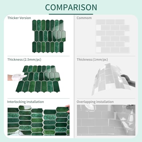 10-Sheet Upgraded Thicker Peel and Stick Kitchen Backsplash Tiles - color: Forest Green