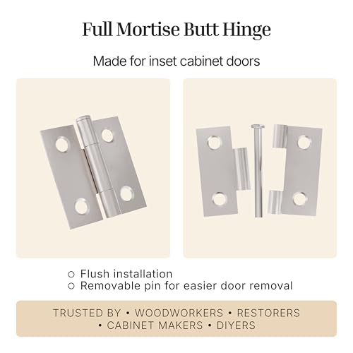 Nickel Butt Hinges with Removable Pin - 1-1/2" x 1-1/2" - Pack of 2 - Cabinet Door Hinges - UA-266-HPN (1) - color: Nickel