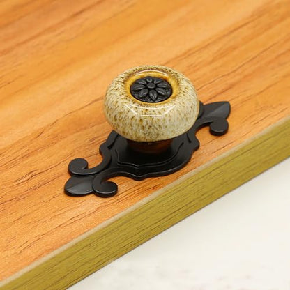 HUAMULAN 10 Pack Ceramic Knobs Leopard Dresser Cabinet Pulls with Backplate - color: HRJ1901-HeiBaoBai-10PACK