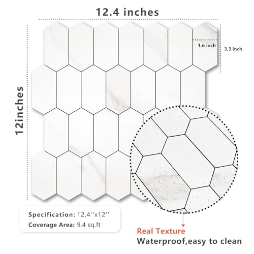 Vamos Tile Long Hexagon Peel and Stick Backsplash Tile - 10 Sheets Stick on Backsplash for Kitchen and Bathroom 12.4 x 12 Inch White Marble Look PVC Self Adhesive Mosaic Wall Tiles - color: ‎Statuary Marble Look