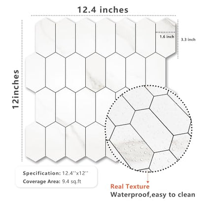 Vamos Tile Long Hexagon Peel and Stick Backsplash Tile - 10 Sheets Stick on Backsplash for Kitchen and Bathroom 12.4 x 12 Inch White Marble Look PVC Self Adhesive Mosaic Wall Tiles - color: ‎Statuary Marble Look