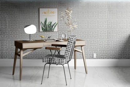 AMINAH DECO 17.7"x236.0"Greek Key Peel and Stick Wallpaper - color: Silver White