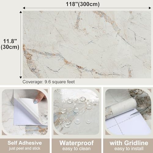 Beige Sliver Greyish Blue Marble Wallpaper Modern Peel and Stick Marble Contact Paper for Kitchen Countertops Self Adhesive Furnitures Vinyl Wrap for Bathroom Cabinet Home Decor 11.8"x118"