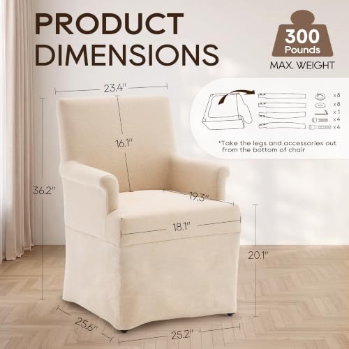 Arm Dining Chair Fabric Long Skirt Slipcovered High Back Upholstered Dinner - color: Beige, size: 1 PC