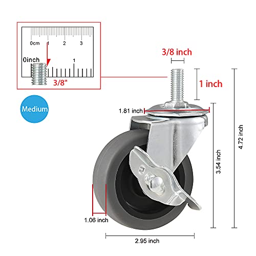 Caster Wheels, 3" Locking Swivel Threaded Stem Casters Set with Brake of 64 - color: Grey, size: Grey-64pack