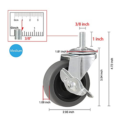 Caster Wheels, 3" Locking Swivel Threaded Stem Casters Set with Brake of 64 - color: Grey, size: Grey-64pack