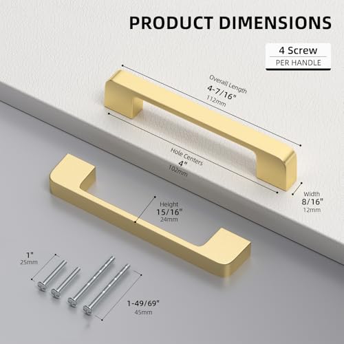 Brushed Gold Cabinet Pulls 4 Inch Gold Cabinet Handles 10 Pack - color: Brushed Gold, size: 4 Inch (102 mm) Hole Centers