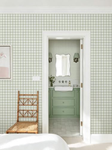 Peel and Stick Wallpaper for Bedroom Green & White Plaid 196"×17.3" - color: Green and White, size: 17.3" x 196"