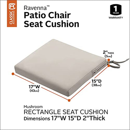 Classic Accessories Ravenna Water-Resistant 17 x 15 x 2 Inch Patio Seat Cushion, Mushroom, Chair Seat Cushion - color: Mushroom, size: 17"W x 15"D x 2"Thick