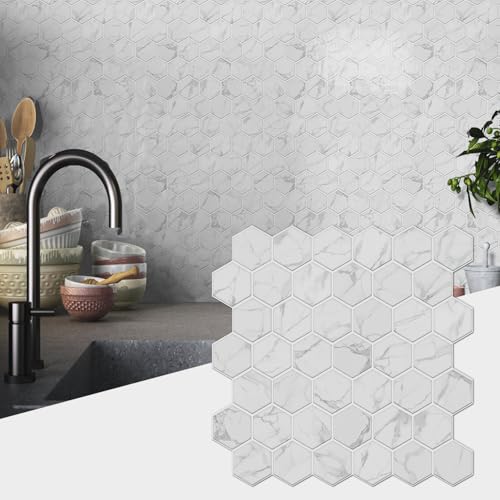 Alwayspon 10 Sheets 12" x12inch White Marble Hexagon Effect Vinyl Tiles, Backsplash, Self-Adhesive Peel and Stick Wall Tile Stickers, Stick on Subway Tiles for Kitchen Bathroom Wall Decor - color: White Marble