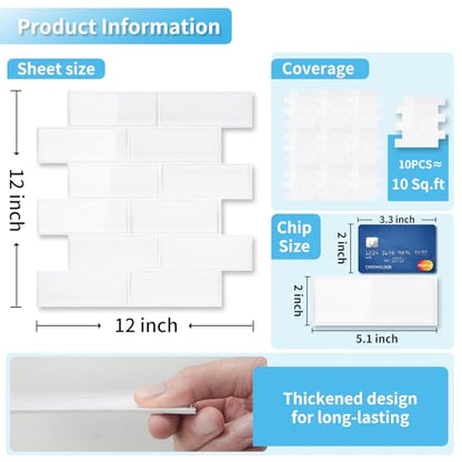 Art3d Subway Design Wall Tile, Peel and Stick Backsplash, 10-Pack, White - color: White