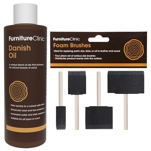 Furniture Clinic Danish Oil + 4 Pack Foam Brushes | 8.5oz/250ml Wood Oil for Furniture | Restore, Seal & Protect Oak, Pine, Teak & More | Non-Toxic Natural Satin Finish | Repels Water, Stains, & Dirt