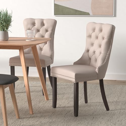 Beige Velvet Dining Chairs Set of 2, Elegant Tufted & Nailhead, Wood Legs - color: Beige, Wood Leg, size: set of 2