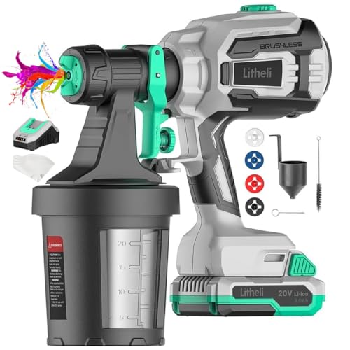 Litheli 20V Brushless Cordless Paint Sprayer, 200W High Performance HVLP Spray Gun with 1000ml/min Flow Rate, 3.12lbs Lightweight Power Painter with 2.0Ah Battery & 4 Nozzles for Walls, Fences, Decks - style: E1-Brushless 20V 2.0Ah