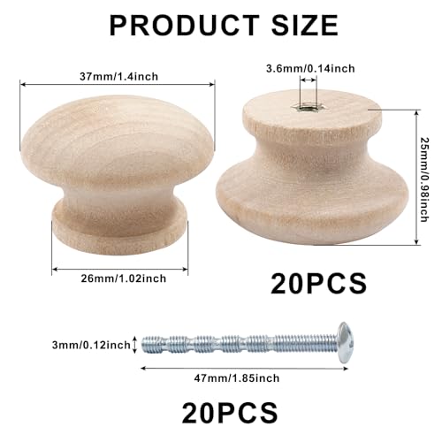Murtenze 1-1/2 inch Unfinished Wood Knobs Mushroom Shape 20 PCS - size: 20 PCS 1-1/2