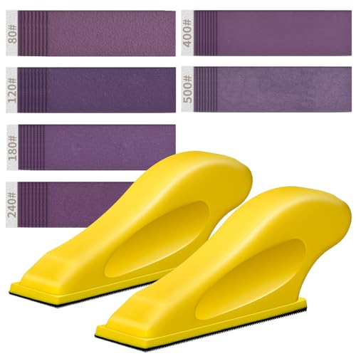 Finger Sander for Crafts, 2 Pack Mini Micro Gator Sander for Crafts with 60 Sheets 3.5 x 1 Inch Sandpaper 80 120 180 240 400 600 Grit Sanding for DIY Wood Finishing Tight Narrow Polishing - color: 2 Pack Sander + 60 Sheets Sandpaper (Purple)