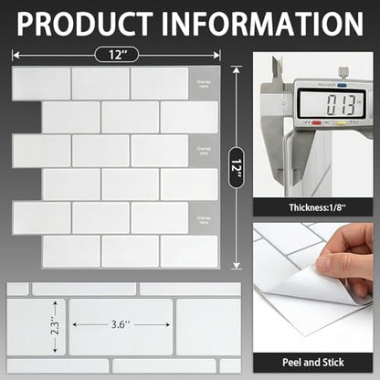 Arttown Peel and Stick 3D Wall Backsplash, 20-Sheet, 12" × 12" White - color: White, size: 20PC 12"x12"