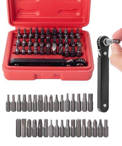 Bates Choice Mini Ratchet Set, 34 pcs, Cr-V Steel, 1/4" Low Profile Right Angle Screwdriver, 1/4 Bit Set, Red Storage Box, Screwdriver Bit Sets