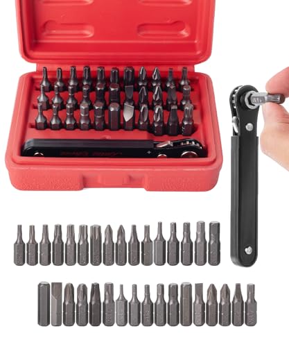 Bates Choice Mini Ratchet Set, 34 pcs, Cr-V Steel, 1/4" Low Profile Right Angle Screwdriver, 1/4 Bit Set, Red Storage Box, Screwdriver Bit Sets