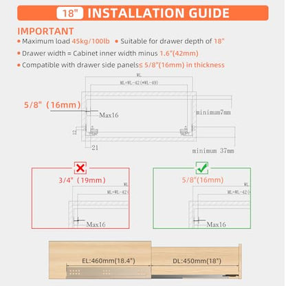 18 Inch Soft Close Undermount Drawer Slides for Frameless Cabinets - color: Soft Close Without Bracket, size: 18 Inch (450 mm)