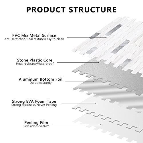 STICKGOO Peel and Stick Backsplash Tile, Stick on Backsplash for Kitchen and Bathroom, Dolomite White Marble Look PVC Mixed Metal Silver Self Adhesive Wall Tiles(10 Sheets) - color: Dolomite White Marble Mixed Metal Silver
