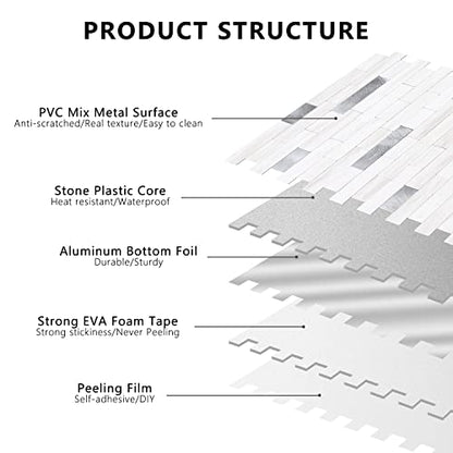 STICKGOO Peel and Stick Backsplash Tile, Stick on Backsplash for Kitchen and Bathroom, Dolomite White Marble Look PVC Mixed Metal Silver Self Adhesive Wall Tiles(10 Sheets) - color: Dolomite White Marble Mixed Metal Silver