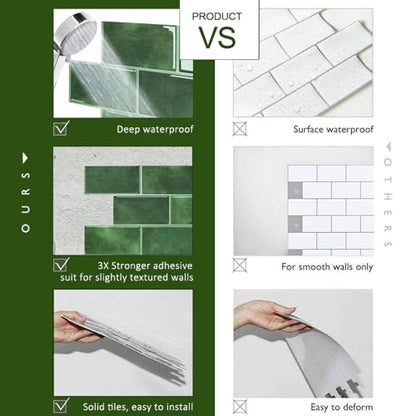 STICKGOO 10-Sheet Subway Tile Peel and Stick Backsplash, Self Adhesive Vinyl Wall Tiles, Stick on Backsplash for Kitchen and Bathroom(Thicker Design) - color: Green With Green Grout
