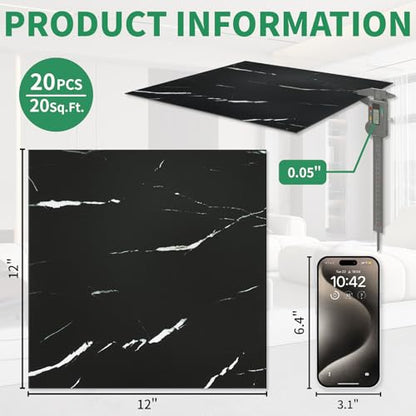 20-Pack Peel and Stick Floor Tiles Vinyl Floor 12 x 12 inch Black Vein Marble - color: Black Marble